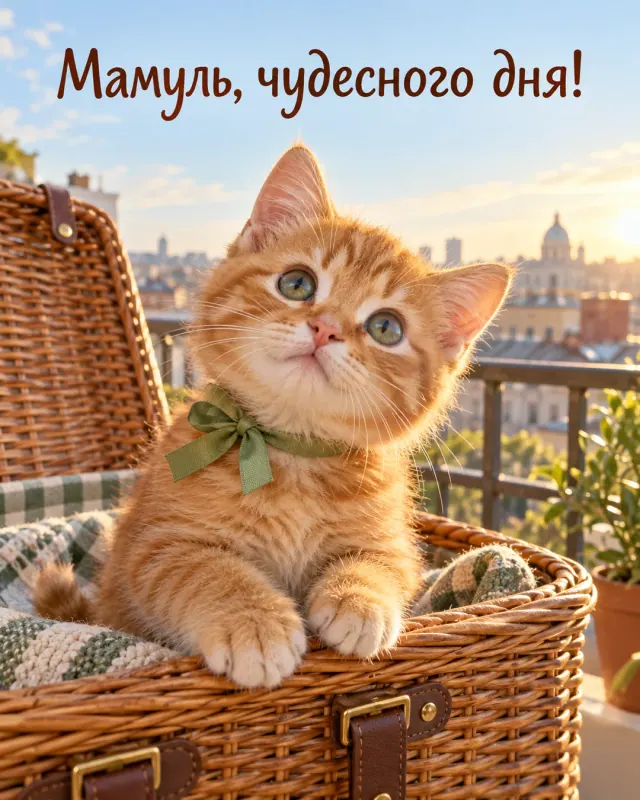 Мамуль, чудесного дня! Рыжий котёнок в плетёной корзине встречает солнечное утро.