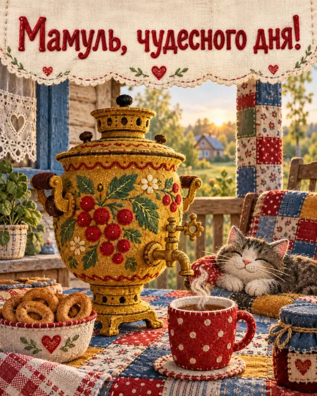 Мамуль, чудесного дня! Узорный самовар стоит на веранде, собранной из цветных лоскутов ткани.