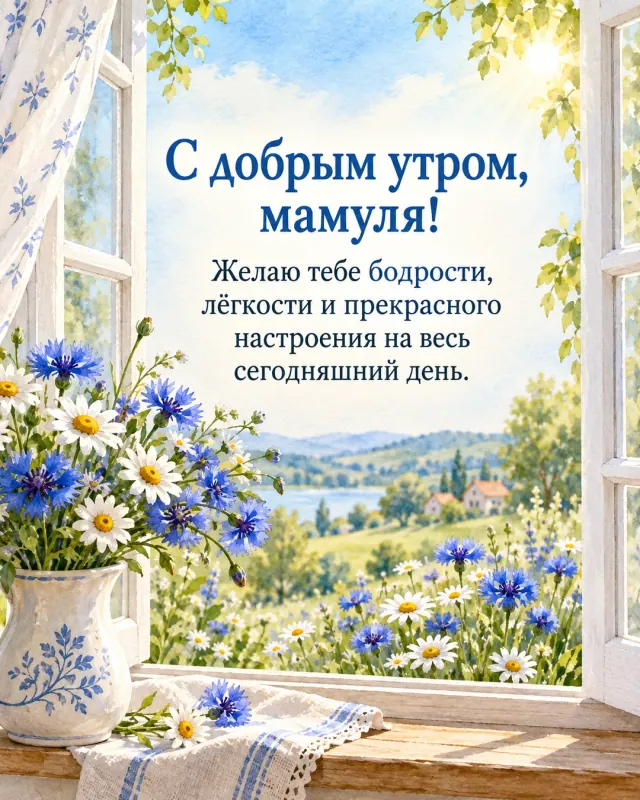 Акварельная открытка с добрым утром для мамули, васильки и ромашки у открытого окна