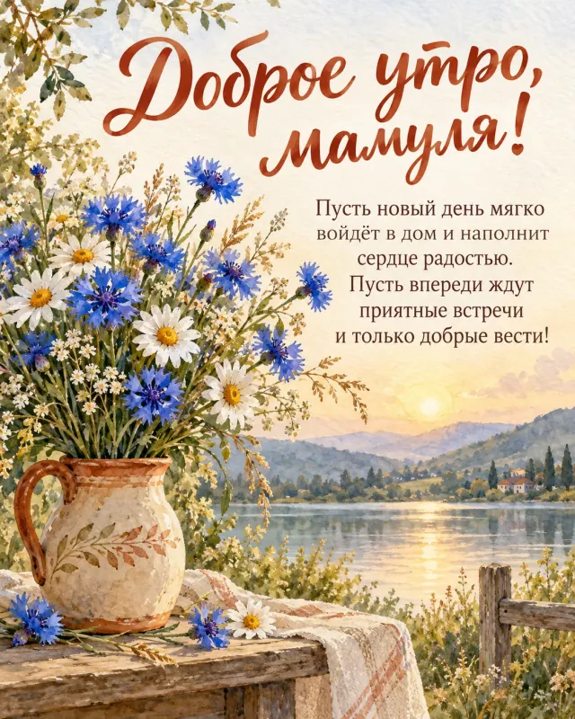 Доброе утро, мамуля! — букет синих васильков и белых ромашек на фоне спокойного озера и далёких холмов, спокойное молочное утро без резких теней