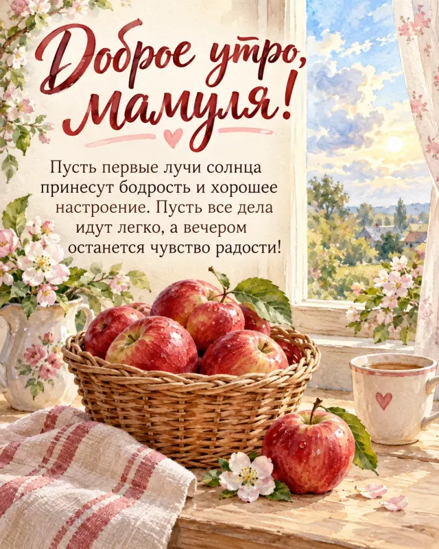 Доброе утро, мамуля! — красные яблоки в плетёной корзине на светлом деревянном столе у окна, светлое небо после короткого дождя