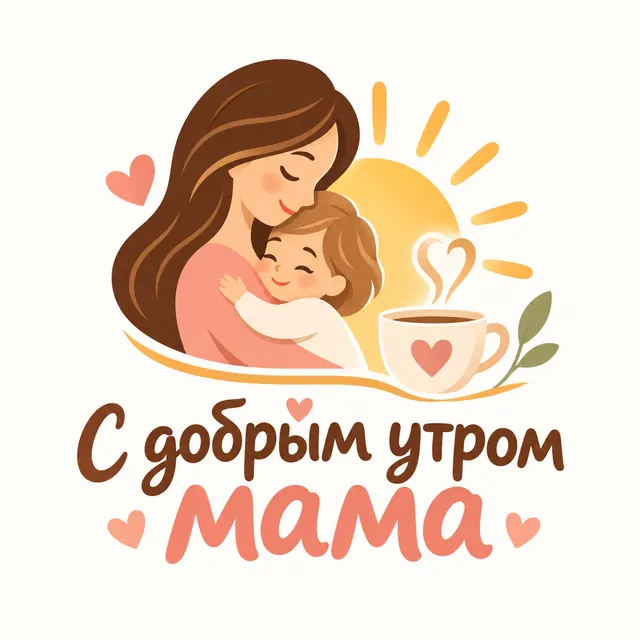 С добрым утром, мама — мама обнимает ребёнка рядом с солнцем и чашкой